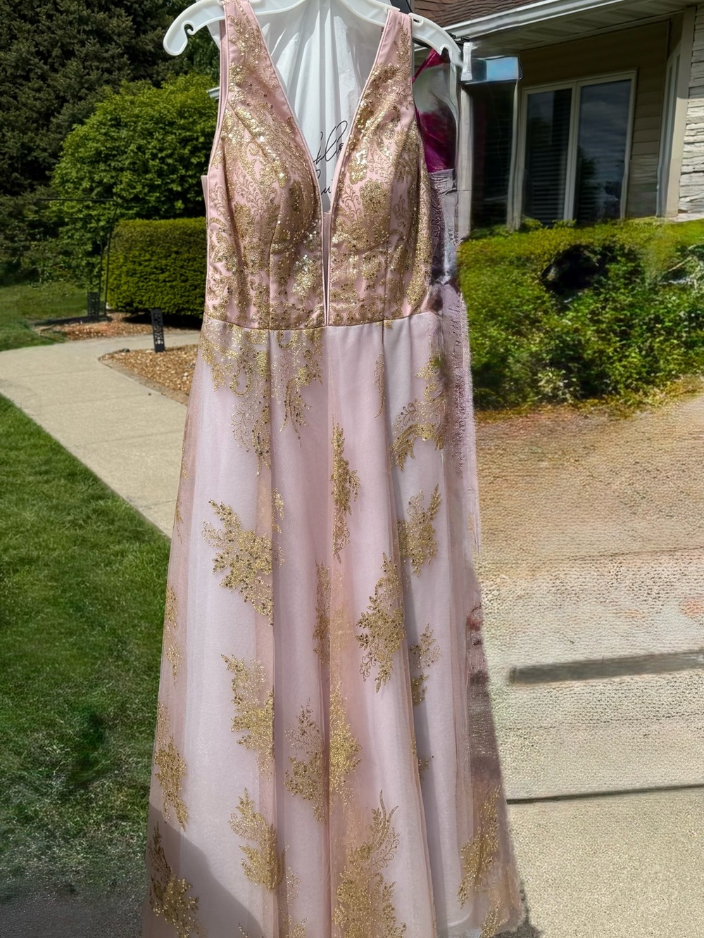 Blush Pink & Gold Sequin Special Occasion Gown with illusion plunging neckline